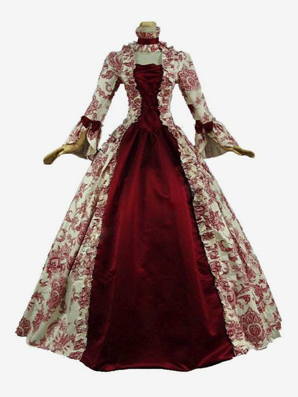 Retro Costume |  Victorian Dress Costume Baroque Costume Dark Red Lace Ruffles Floral Print Vintage Victorian era Clothing with Choker Retro Outfits Halloween Hobbies Retro Costume