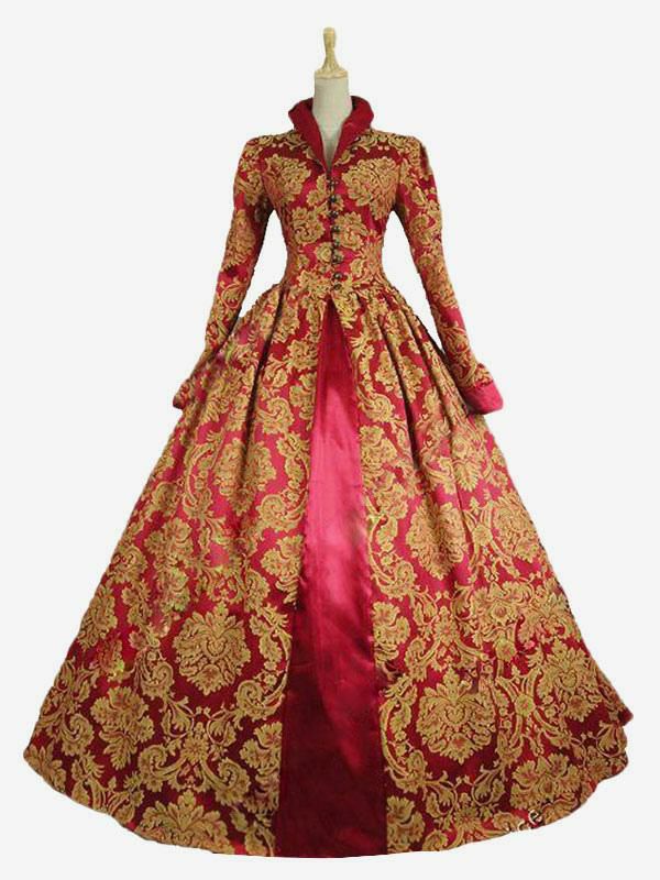 Retro Costume |  Victorian Dress Costume Baroque Costume Red Lace Ruffles Stand Collar Gold Stamping Vintage Victorian era Clothing Retro Dress Halloween Hobbies Retro Costume