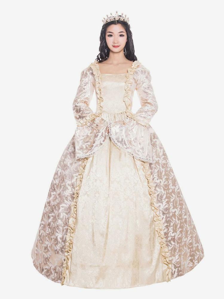 Retro Costume |  Victorian Dress Costume Beige Retro Ruffle Matte Satin Long Sleeves Victorian Era Style Floral Print Dress Women Vintage Clothing Hobbies Retro Costume