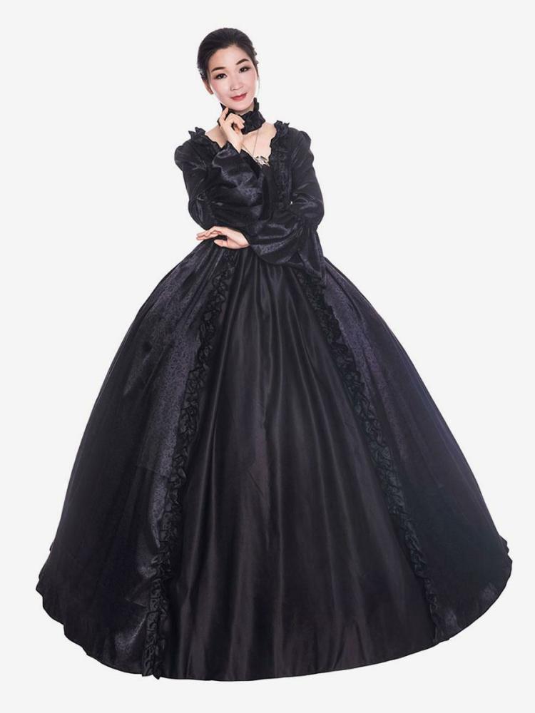 Retro Costume |  Victorian Dress Costume Black long Sleeves Matte Satin Victorian Era Style with Choker Vintage Clothing Halloween Hobbies Retro Costume