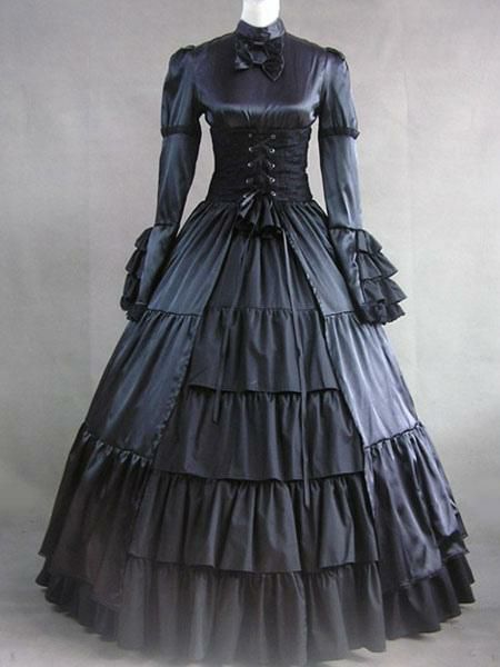 Retro Costume |  Victorian Dress Costume Black Satin Ruffle Long Sleeves Victorian era Outfits Retro Costumes Halloween Hobbies Retro Costume