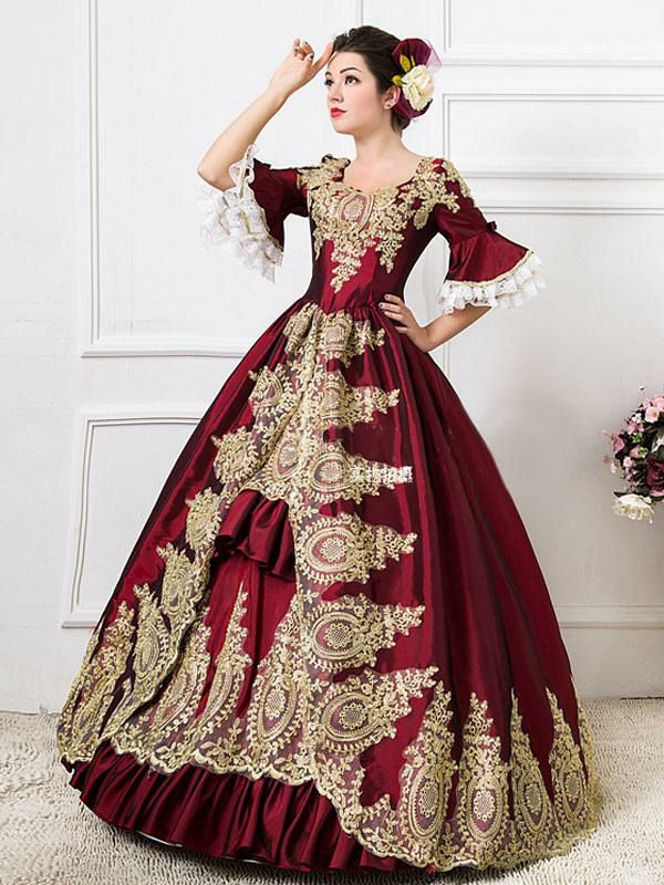 Retro Costume |  Victorian Dress Costume Burgundy Rococo Red Ruffles Bell Half Sleeves Print Ball Gown Victoria Era Clothing Retro Costumes Dress Halloween Hobbies Retro Costume