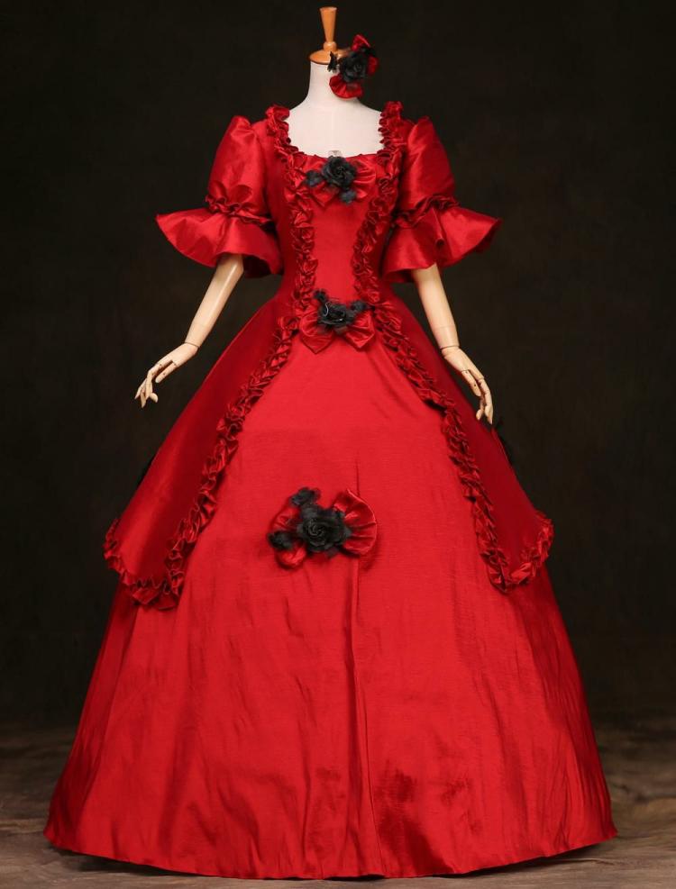 Retro Costume |  Victorian Dress Costume French Princess Ruffles Red Ball Gown Half Sleeves Victorian era Outfits Retro Costumes Dress Halloween Hobbies Retro Costume