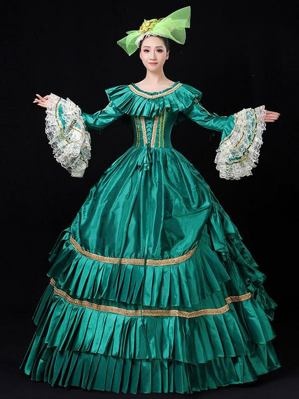 Retro Costume |  Victorian Dress Costume Green Lace Trumpet Long Sleeves Ruffles Embroidered Royal Marie Antoinette Ball Gown Victorian Era Clothing Costume Halloween Hobbies Retro Costume