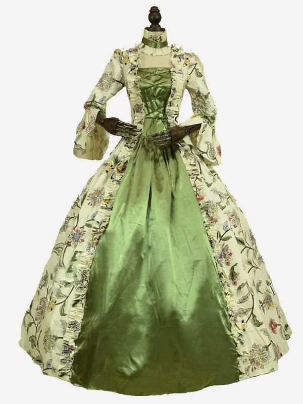 Retro Costume |  Victorian Dress Costume Green Retro Costumes Long Sleeves Square Neckline Ball Gown Floral Print with Choker Victorian Era Clothing Marie Antoinette Costume Set Hobbies Retro Costume