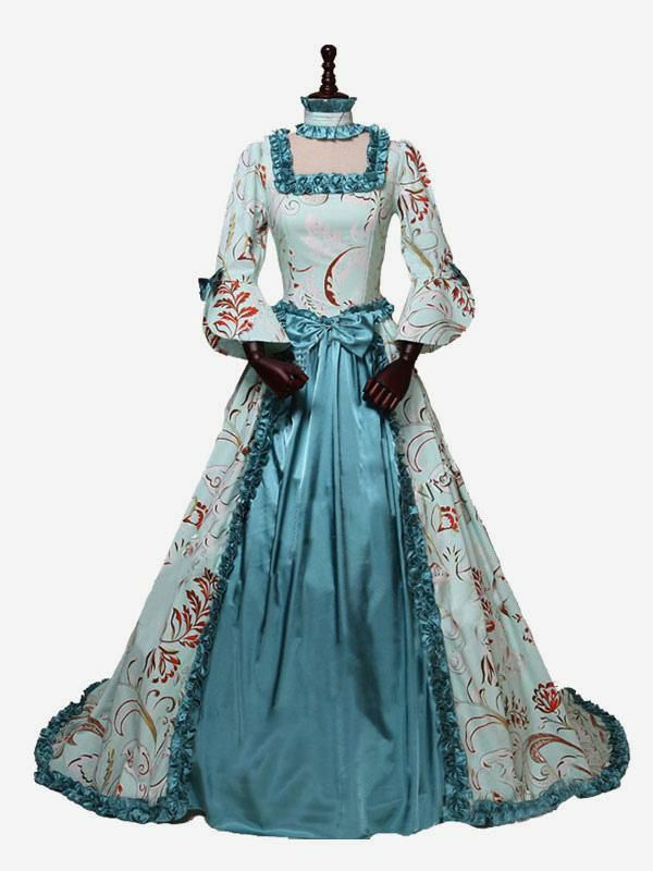 Retro Costume |  Victorian Dress Costume Light Sky Blue Rococo Retro Floral Print Marie Antoinette Victorian era Style With Choker Vintage Clothing Hobbies Retro Costume