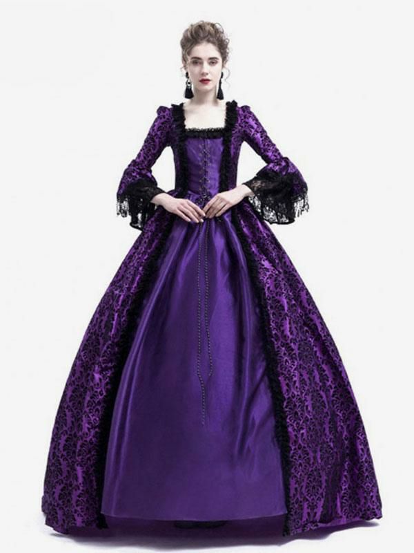 Retro Costume |  Victorian Dress Costume Long Gothic Trumpet Long sleeves Purple Ball Gown Square neckline Victorian Era Clothing with hat Retro Costumes Halloween Hobbies Retro Costume