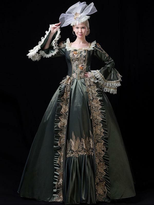 Retro Costume |  Victorian Dress Costume Retro Lace Ruffles Embroidered Baroque Style Marie Antoinette Trumpet Long Sleeves Sage Square Neckline Costumes Masquerade Ball Gown Halloween Hobbies Retro Costume