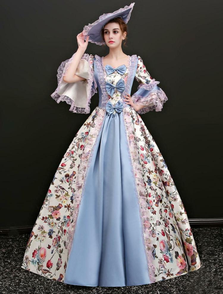 Retro Costume |  Victorian Dress Costume Rococo Vintage Victorian Era Outfits Illusion Blue Jacquard Retro Ball gown Costumes Halloween Hobbies Retro Costume