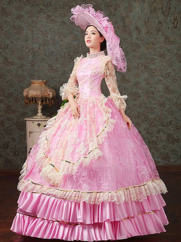 Retro Costume |  Victorian Dress Costume Stand Collar Pink Vintage Victorian era Clothing Royal Ball Gown Pageant Costumes Dress Halloween Hobbies Retro Costume