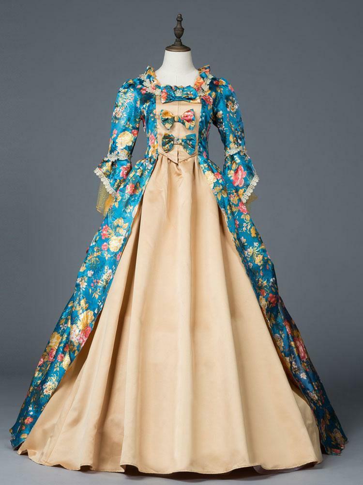 Retro Costume |  Victorian Dress Costume Teal Floral Print Bow Ruffle Matte Satin Set Marie Antoinette Rococo Half Sleeves Victorian Era Style Vintage Dress Halloween Hobbies Retro Costume