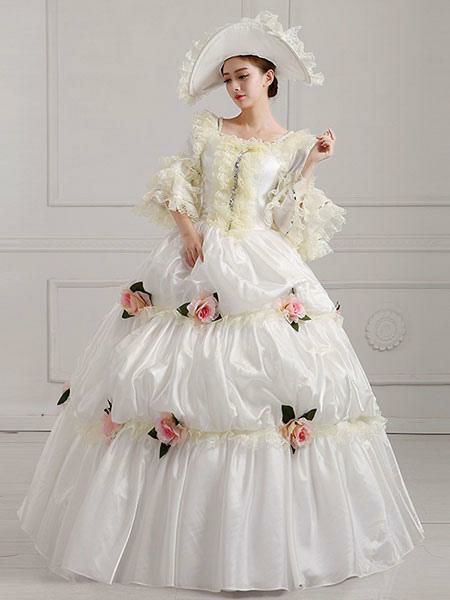 Retro Costume |  Victorian Dress Costume Victorian era Clothing White Square Neckline Ball Gown Pageant Dress With Flowers Outfits Hobbies Retro Costume