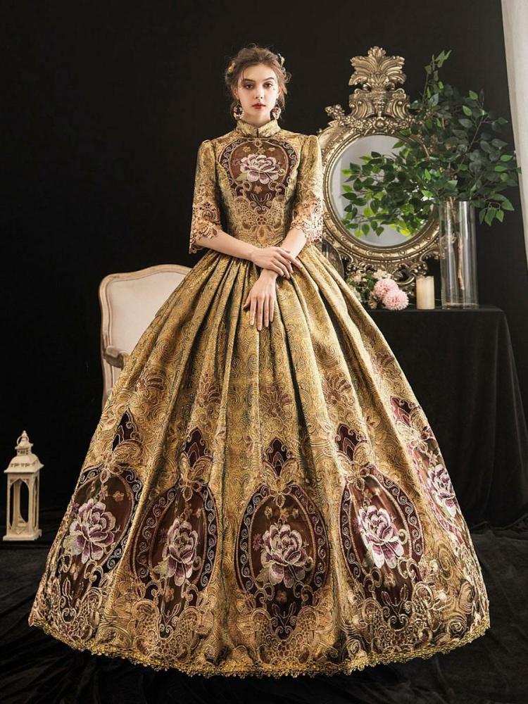 Retro Costume |  Victorian Dress Costumes Blonde Half Sleeves Stand Collar Victorian Era Style Marie Antoinette Costume Dress Masquerade Ball Gown Hobbies Retro Costume