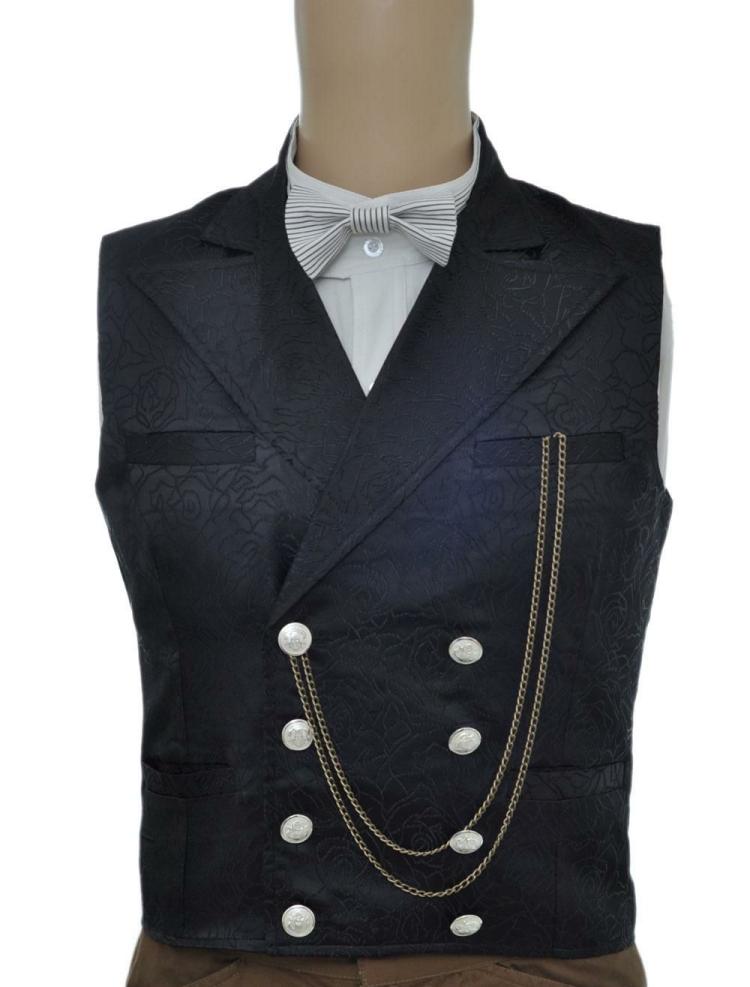 Retro Costume |  Vintage Steampunk Waistcoat Black Double Breasted Pocket Watch Chain Back Strap Jacquard Retro Suit Vest Carnival Hobbies Retro Costume