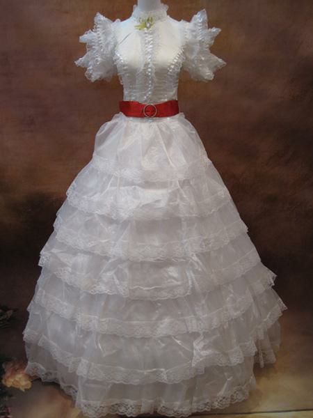 Retro Costume |  White Retro Costume Rococo Ball Gown Ruffle Tiered Organza Royal Maxi Vintage Costume Dress With Ribbon Sash Halloween Hobbies Retro Costume