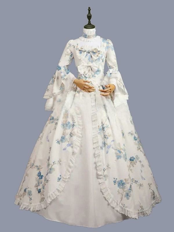 Retro Costume |  White Retro Costumes Bows Polyester Floral Print Marie Antoinette Costume Dress Retro Tunic Masquerade Ball Gown Hobbies Retro Costume