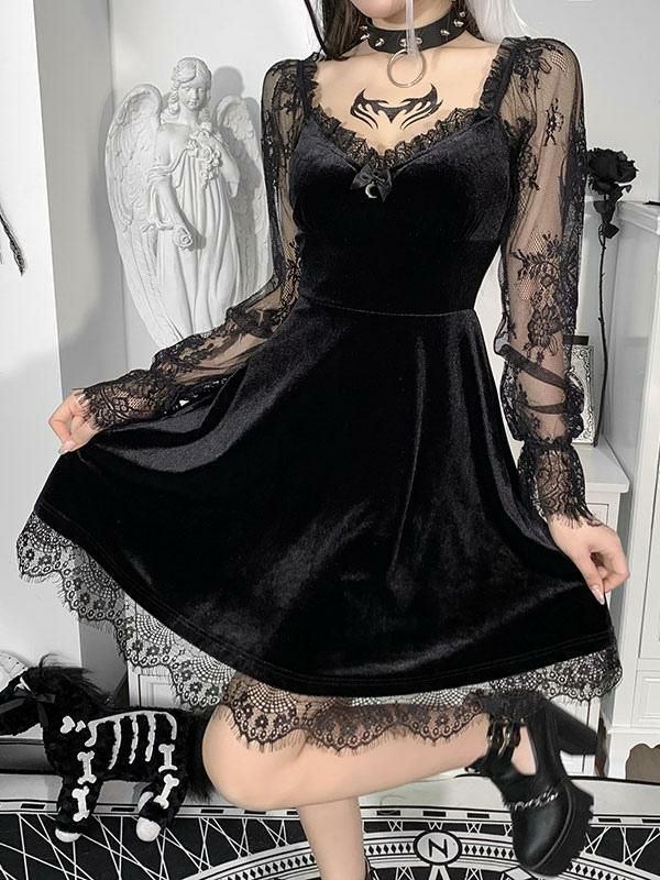 Retro Costume |  Women Punk Black Dress Sweetheart Neck Long Sleeves Lace Polyester Gothic Dress Hobbies Retro Costume