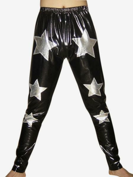 Zentai |  Black Shiny Metallic Pants With Silver Star Decoration Hobbies Zentai