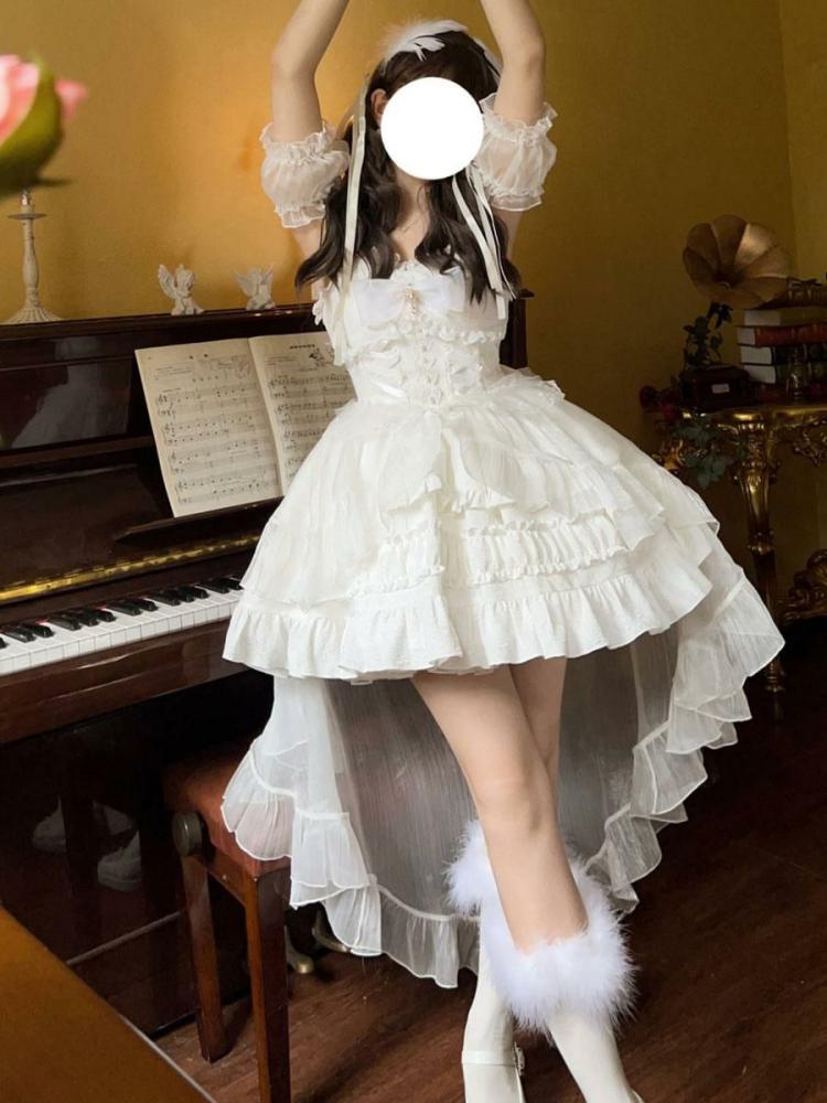 Lolita Clothing |  Gothic Lolita Dresses Lace Up Bows White JSK Suspender Dress Hobbies Lolita Clothing