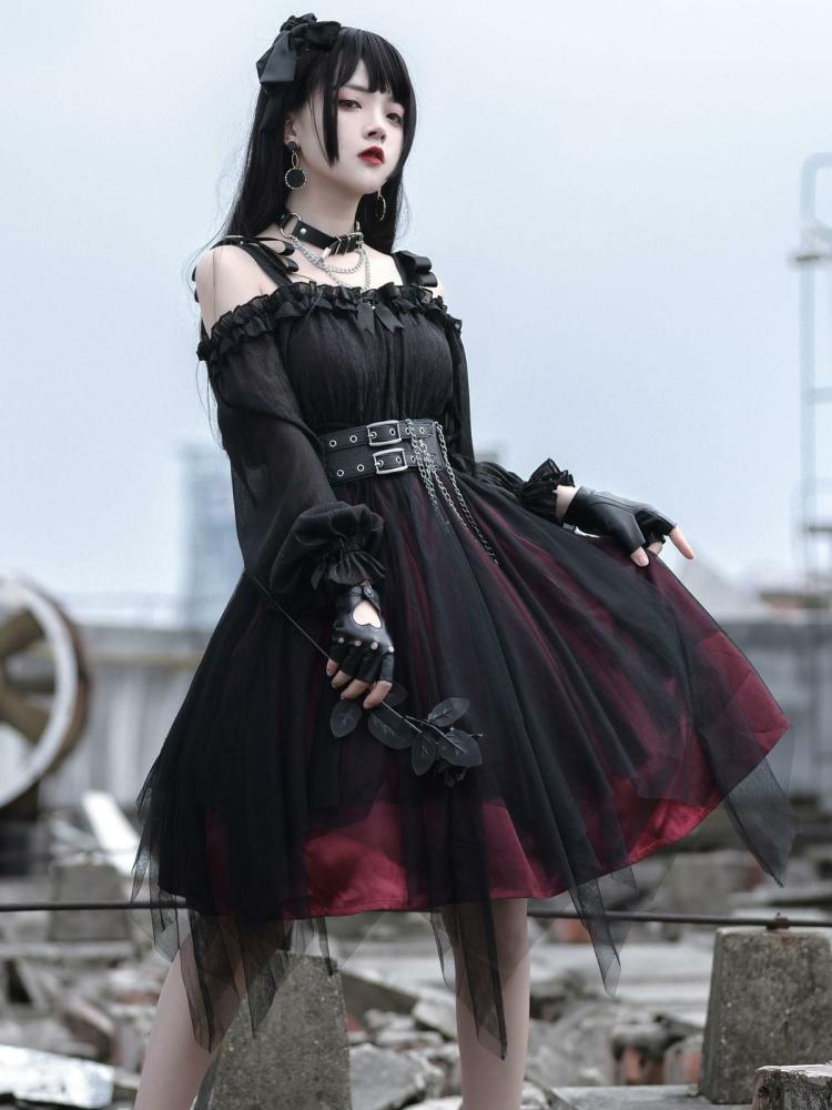 Lolita Clothing |  Gothic Lolita OP Dress Black Burgundy Ruffles Bows Open The Shoulder Long Sleeves Lolita One Piece Dress Hobbies Lolita Clothing