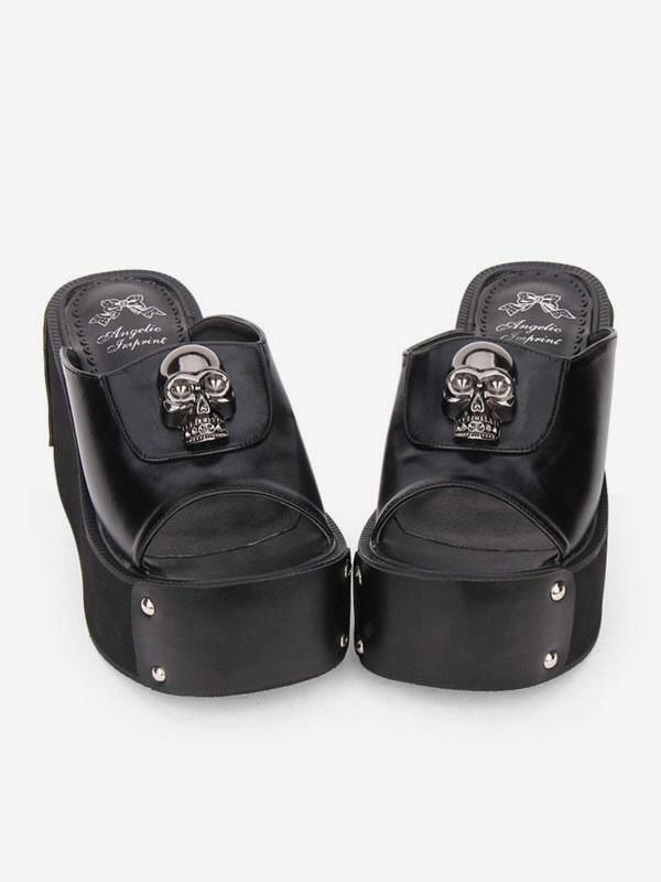 Lolita Clothing |  Gothic Lolita Sandal Metallic Skull Rivet Platform Black Lolita High Heel Slipper Hobbies Lolita Clothing