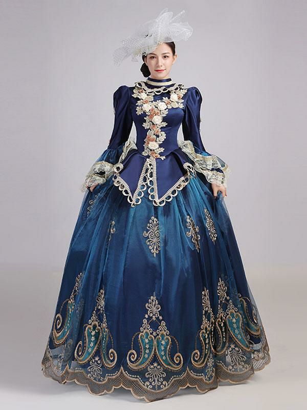 Retro Costume |  Blue Retro Costumes Lace Ruffles Polyester Tunic Headwear Dress Marie Antoinette Costume Royal Party Prom Dress Hobbies Retro Costume