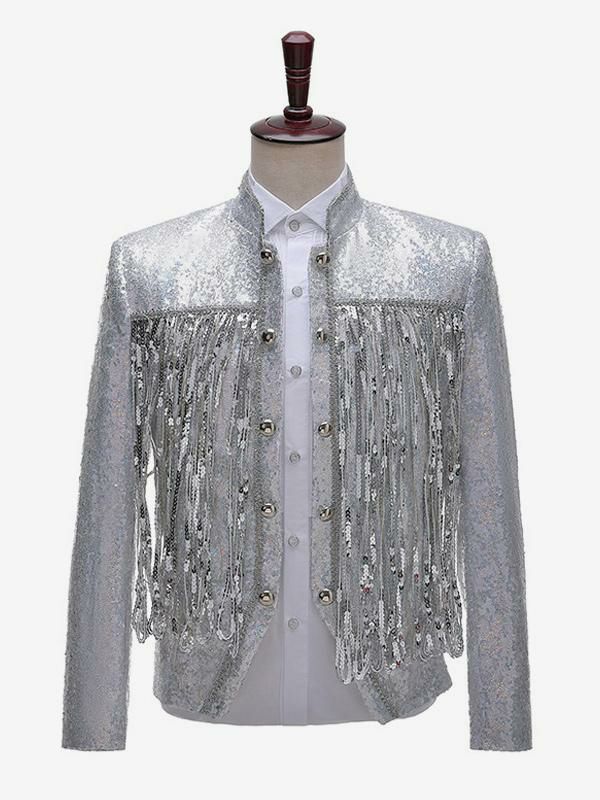 Retro Costume |  Silver Vintage Top Fringe Buttons Sequins Long Sleeves DJ Stage Performance Nightclub Sequin Tassel Hobbies Retro Costume